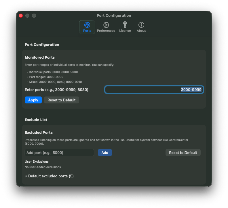Port Monitor configuration settings showing customizable port ranges and exclusion list